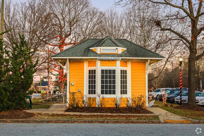 Gibsonville’s trolley stop anchors the town’s historic train-era charm.