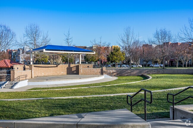 The amphitheater in the center of Capital Village offers many entertainment options.