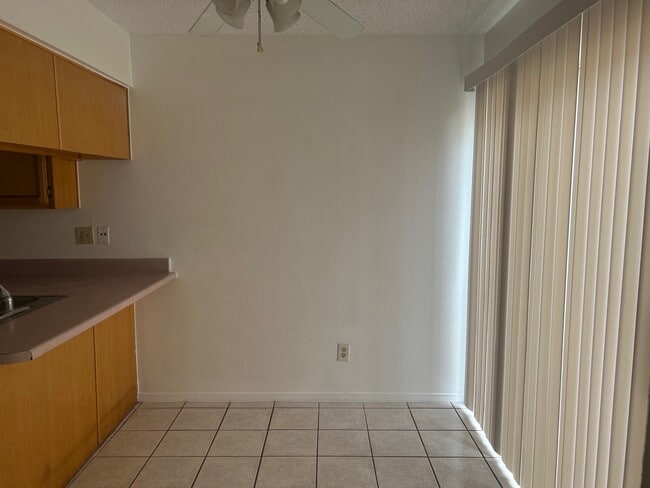 dining space with ceiling fan and outside area