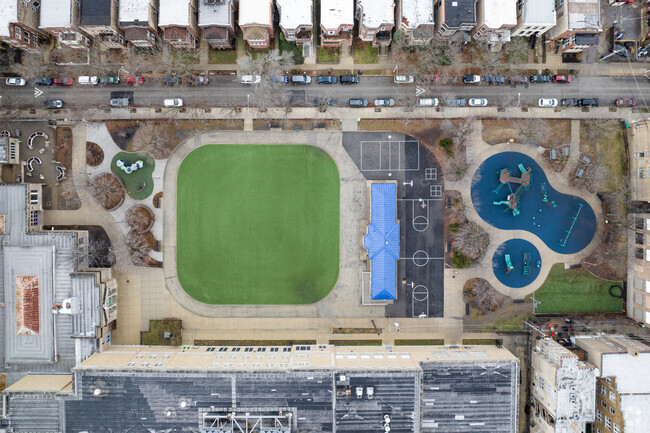 Top down view over Pierce with playground and greenspace.