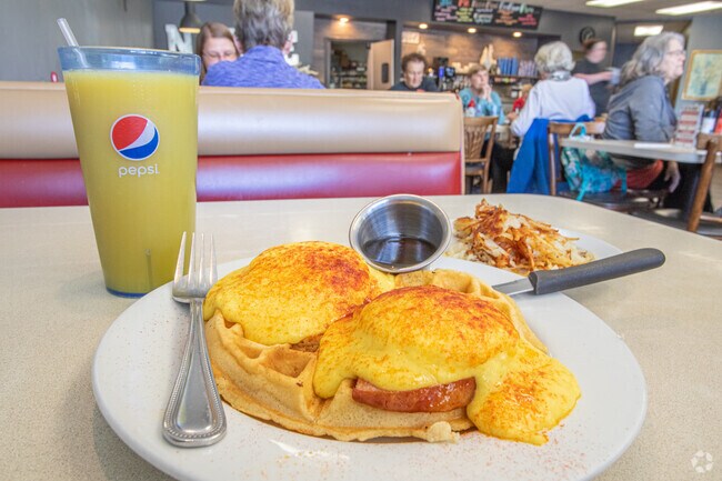 Enjoy the Waffle Benedict at Noble Restaurant in the Byron Center Park neighborhood.