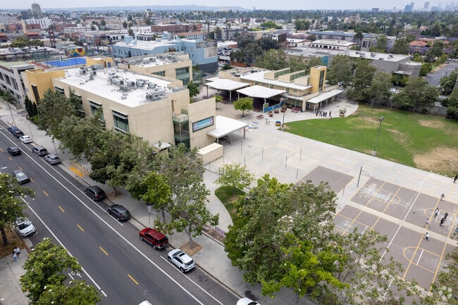 Aerial of Charles H. Kim Elementary School in Los Angeles California.