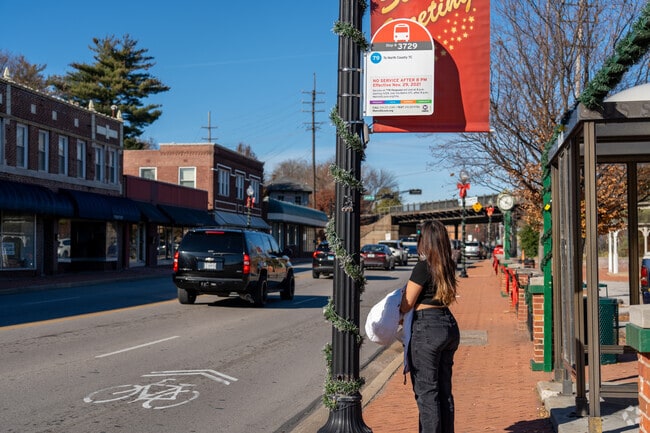 Decorated bus stops line the main street in downtown Ferguson.