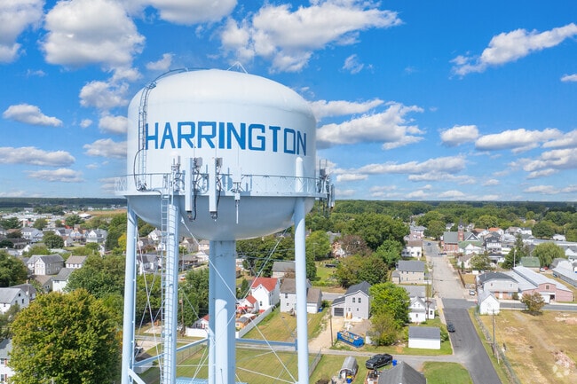 The Harrington water tower rises above town streets.