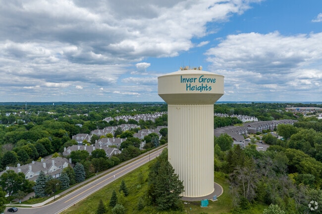 The water tower of Inver Grove Heights is visible to motorists driving on Highway 52.