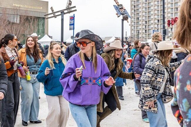 Western boots shuffle in sync at Winter Roundup in The Avenues area of Salt Lake City.
