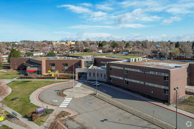 The parking and drop-off circle at McElwain Elementary School in Welby, Denver, Colorado.