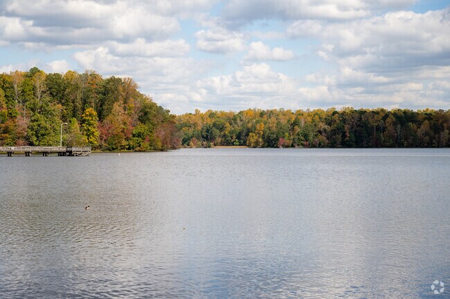 Salem Lake is surrounded by trees at Salem Lake Park.