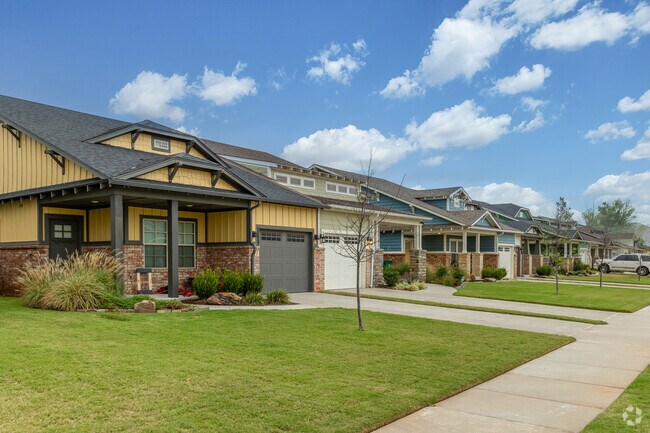 Colorful row of new and modern townhomes.