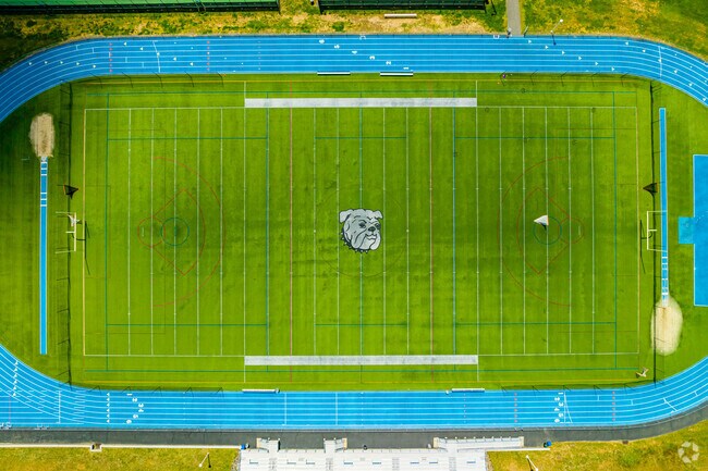 A top down view of the athletic field at Roslyn High School in Roslyn Heights.