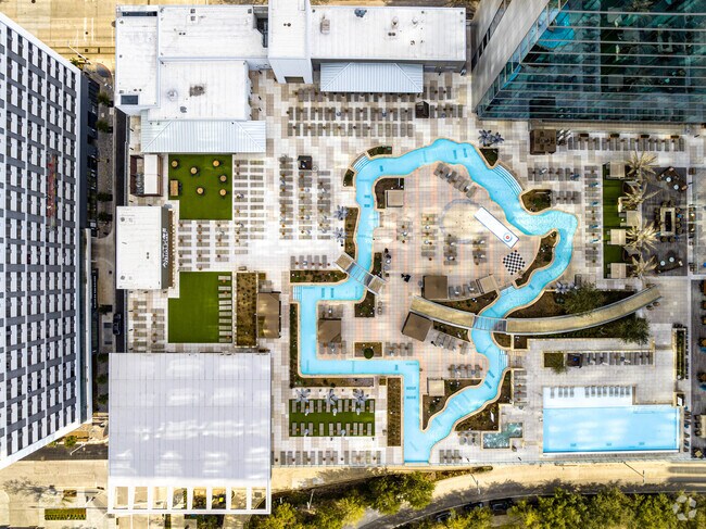 The Marriott Marquis in Downtown features a roof top pool, located north of Missouri City.