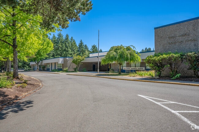 The main drive of Errol Hassell Elementary School in Beaverton, Oregon.