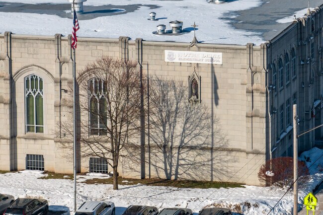 Notre Dame Elementary is a classic brick building.