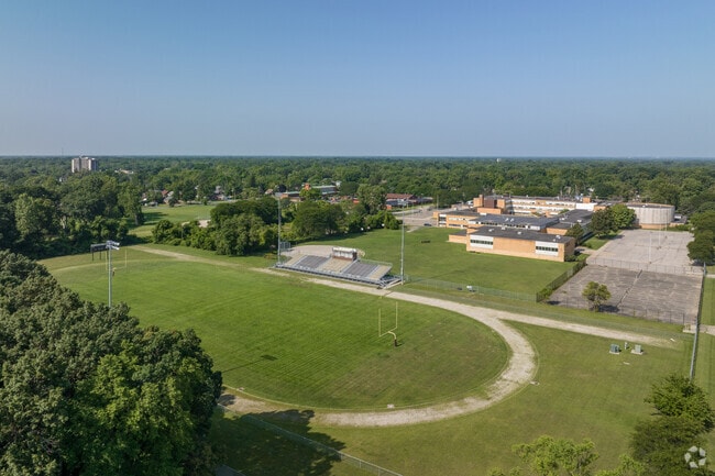 Aerial view of campus and sports fields at Ford High School in Evergreen.