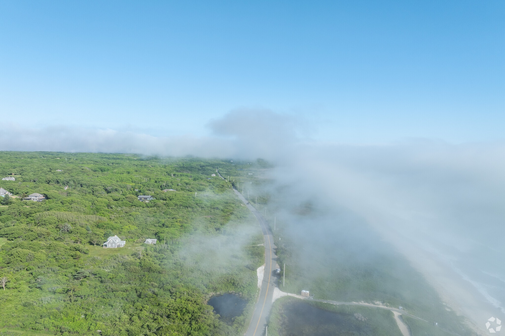 Dense ocean fog dissipates as it makes land fall in Aquinnah.