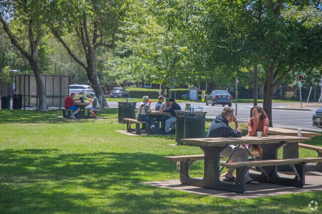 Cotati's central La Plaza Park has multiple picnic benches and a large green space.
