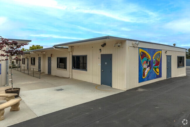Covered walkways shelter students going to classrooms at Conway Elementary School in Escondido.