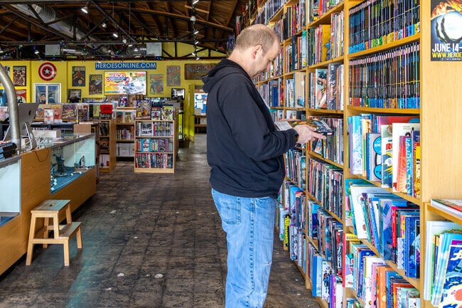The Heroes Aren't Hard to Find comic book store is located next door in Elizabeth.