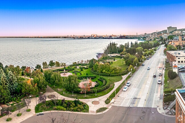 The Duluth Rose Garden at Leif Erikson Park offers scenic views of downtown Duluth.