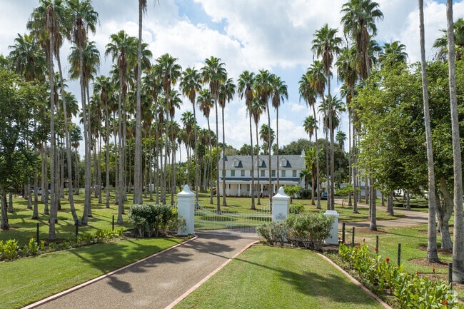A colonial-style home is nestled behind a palm grove in La Feria, Texas.