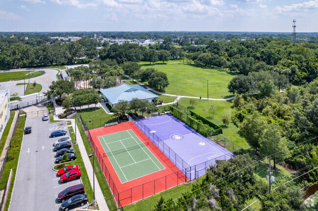 Aerial view of Rock Lake Elementary School's tennis and soccer courts in Orange County.