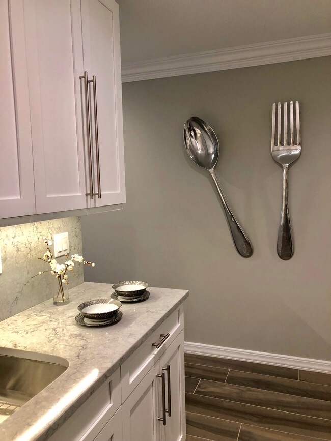 Shaker Cabinetry/Plank Tile Floor/LED Undercabinet Lighting