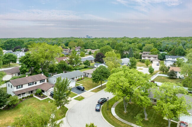 The residential streets of Elk Grove Village East display a variety of home styles.