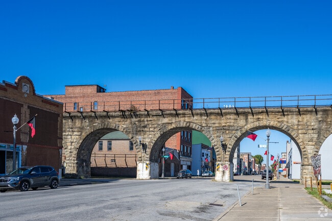 The main drag heading into downtown Bellaire goes under the Great Stone Viaduct.