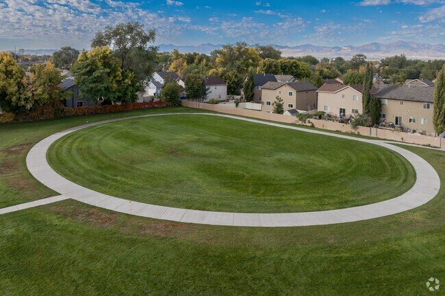 This lawn at Lincoln Elementary School has a sidewalk in the shape of a track.