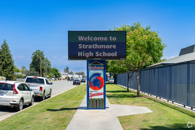 A lighted marquee at the entrance of Strathmore High School informs parents of upcoming events.
