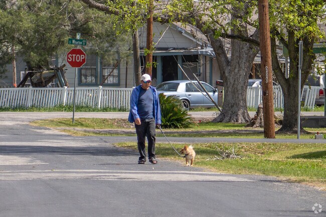 A man and his dog enjoy an evening stroll along a quiet residential road in El Campo.