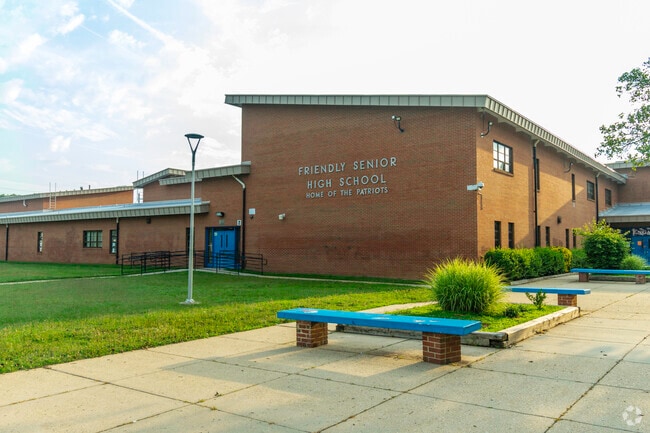 Friendly High School offers plenty of outdoor seating areas where students can relax and socialize between classes.