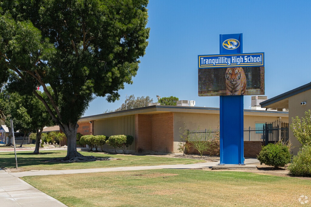 A lighted marquee at the entrance to Tranquillity High School informs parents of events.