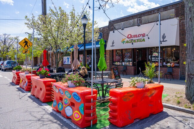 Mass Ave in East Arlington offers restaurants with outdoor seating like Quilo's Taqueria.