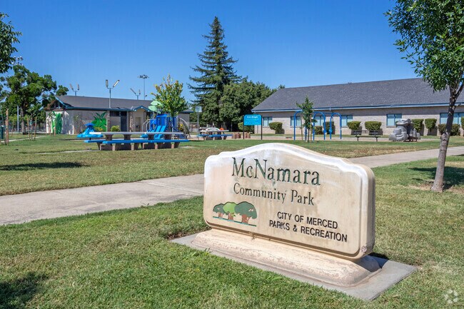 A sign welcomes visitors to McNamara Park in Merced.