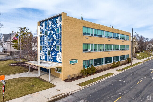 Catholic East Elementary Schools colorful facade welcomes students each day.