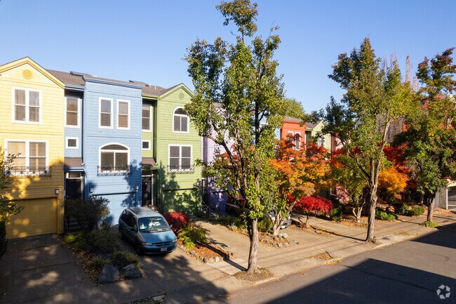 Colorful Townhomes in a row of a neighborhood in Uptown Portland.