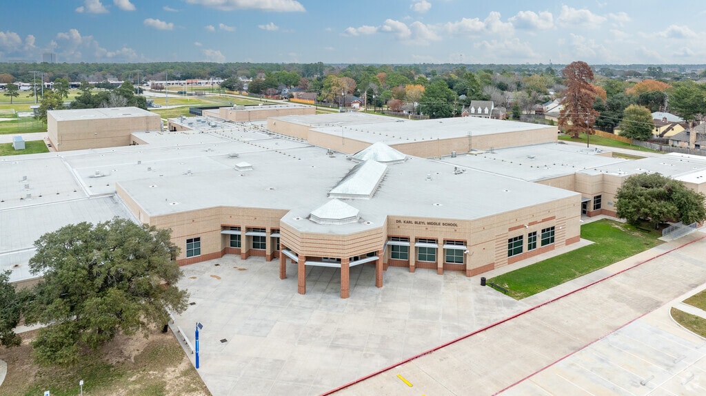Gain a bird's-eye view of Bleyl Middle School, where learning meets architectural elegance.