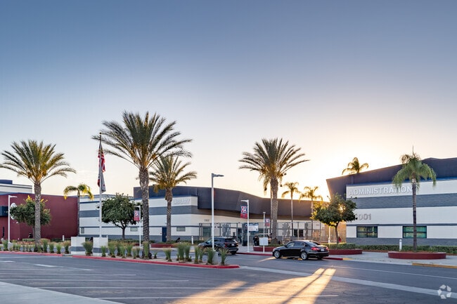Palm trees hover over Heritage High School in Menifee.