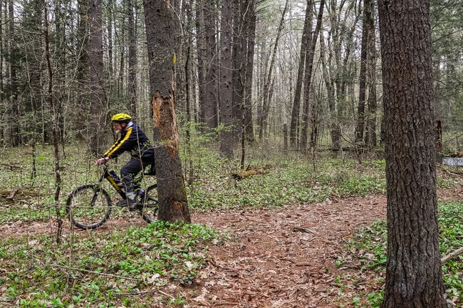 A Lunenburg resident enjoys a woodland ride through Cowdrey Nature Center.