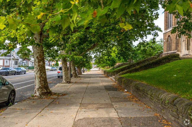 Wide, tree covered sidewalks make walking to Philadelphia's Tilden Middle School safe.