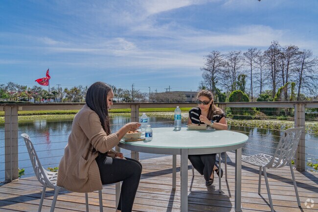 Stadium Area office workers eat lunch outdoors with scenic views.