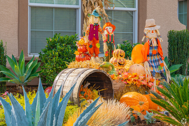 Fun fall decorations in yards of Junction West making walking the neighborhood fun.