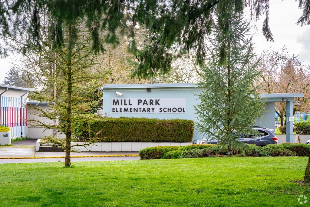 The Mill Park Elementary School entrance in the Mill Park neighborhood.
