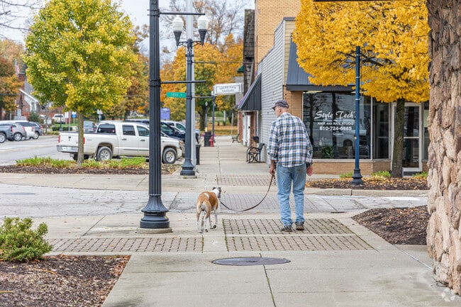 An Imlay City resident and their furry friend enjoy Main Street on a fall day.