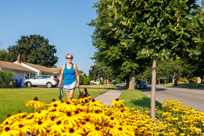 Residents in Huntley Houses enjoy walking the neighborhood with their pets.