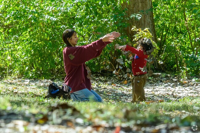 A mother and child enjoy playing in the freshly fallen leaves at Murdock Park in Sunnyside.