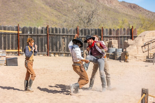The Mission Stunt Show at Old Tucson showcases daring feats and explosive action, thrilling audiences who journey from Tres Pueblos for a taste of the Old West.