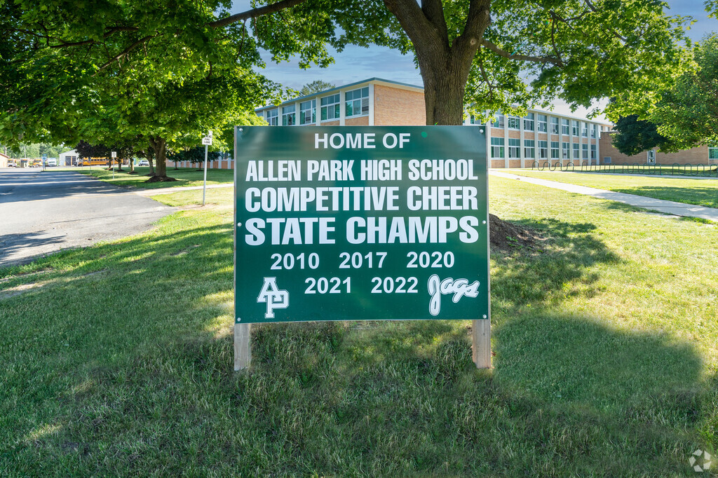 Competitive Cheer Champs sign at Allen Park High School.