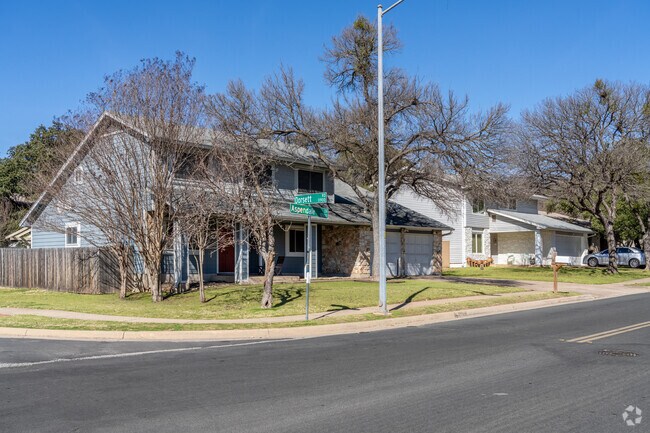 Traditional style homes can be found in the Angus Ranch neighborhood in Austin, Texas.